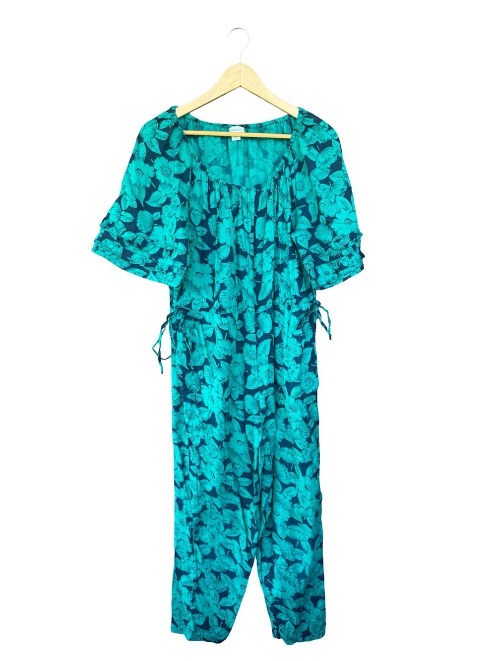 Sundance Floral Cotton Jumpsuit Petite Medium PM Blue Green Blue Pockets Boho - Picture 5 of 12